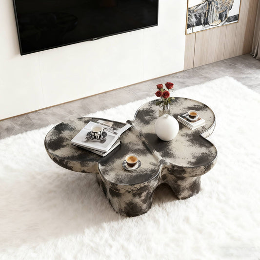 Butterfly design style, coffee table, imitation natural limestone material, suitable for living room/office, fiberglass, black and beige combination.