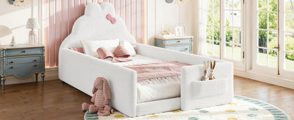 Twin Size Upholstered Floor bed, LowtoGround floor bed, Soft Padded Upholstered Kids bed, Safe Children Bed Frame with Side Storage Pocket for Kids.White
