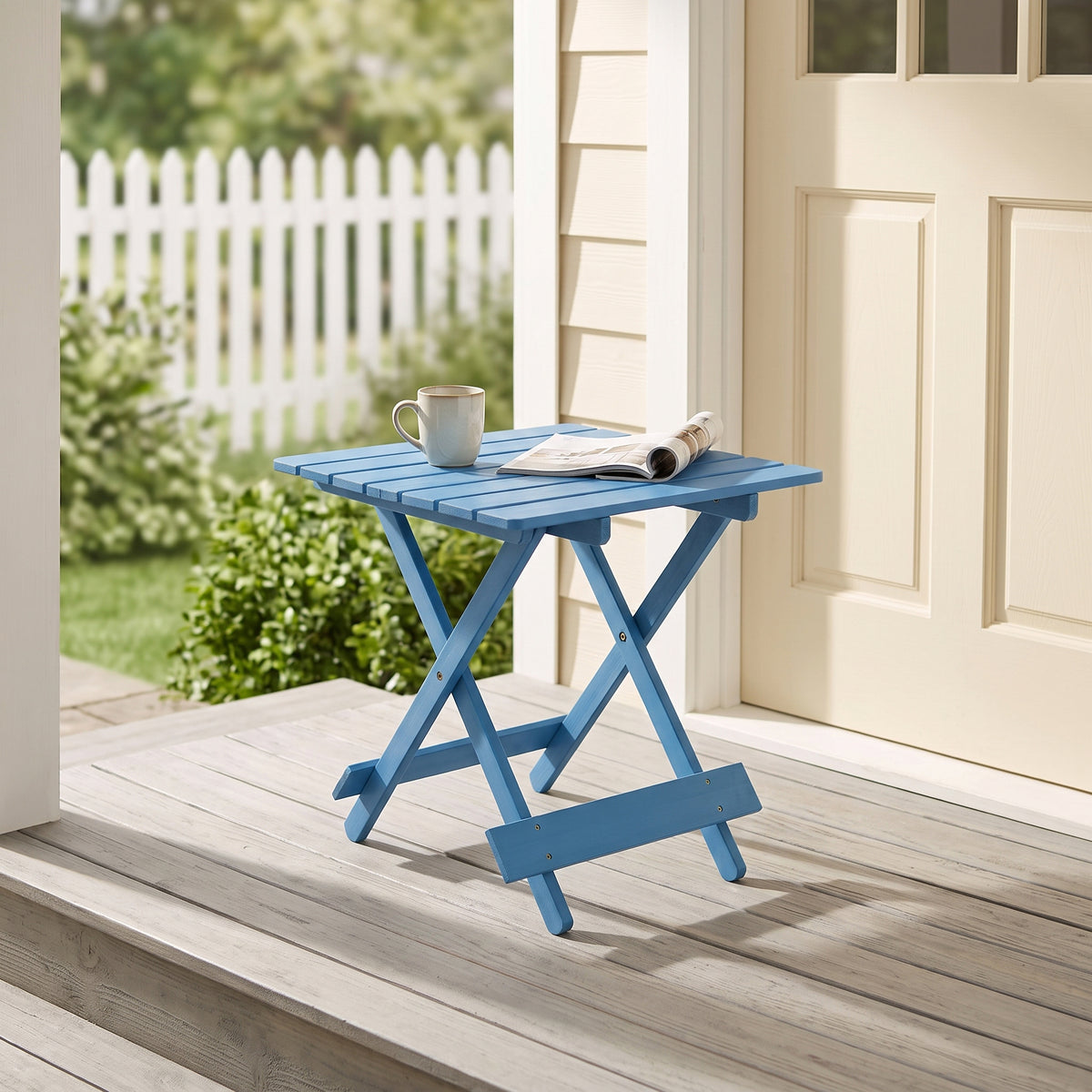 Folding Square Table Patio Outdoor solid wood Table for Backyard, Balcony, Portable Design Space-Saving Blue Color