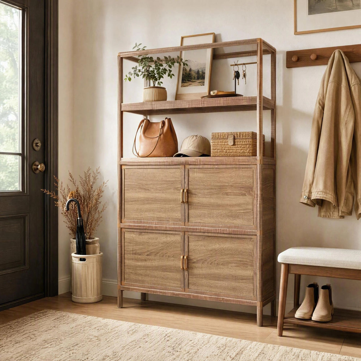 Tall Storage Cabinet with Open Shelving, 35.00" W x 16.73" D x 68.11" H, Freestanding Wood-Grain Aluminum Storage Cabinet with 4-Door Closed Storage for Kitchen, Entryway, Patio & Garage