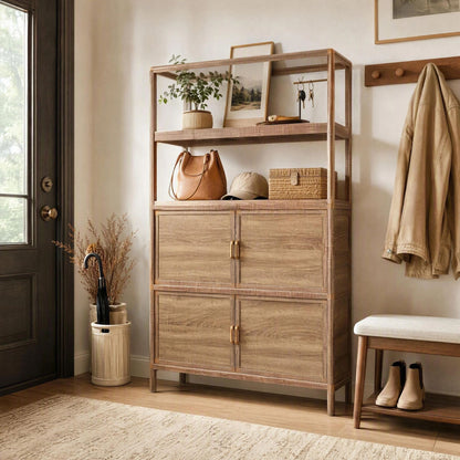 Tall Storage Cabinet with Open Shelving, 35.00" W x 16.73" D x 68.11" H, Freestanding Wood-Grain Aluminum Storage Cabinet with 4-Door Closed Storage for Kitchen, Entryway, Patio & Garage