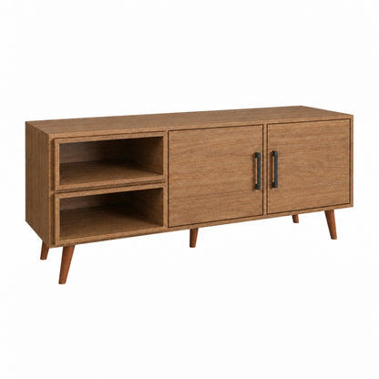 Modern TV Stand for TVs up to 60 Inches, Entertainment Center, Two Doors and Two Open Shelves, Hannover Oak