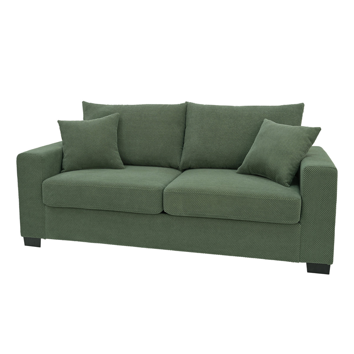 69-inch two-seater  Sofa with Textured Fabric, Comfortable Upholstered Couch with 2 Throw Pillows and Sturdy Plastic Legs for Living Room, Apartment, Office,  Dark Green