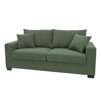 69-inch two-seater  Sofa with Textured Fabric, Comfortable Upholstered Couch with 2 Throw Pillows and Sturdy Plastic Legs for Living Room, Apartment, Office,  Dark Green