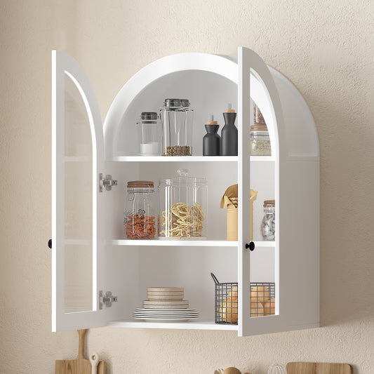 Arched Wall Mounted Cabinet, Wood Veneer Wall Storage Cabinet with Tempered Glass Doors, Adjustable Shelf, Easy Hanging Hardware Included, Decorative Floating Wall Cabinet for Laundry Room, White