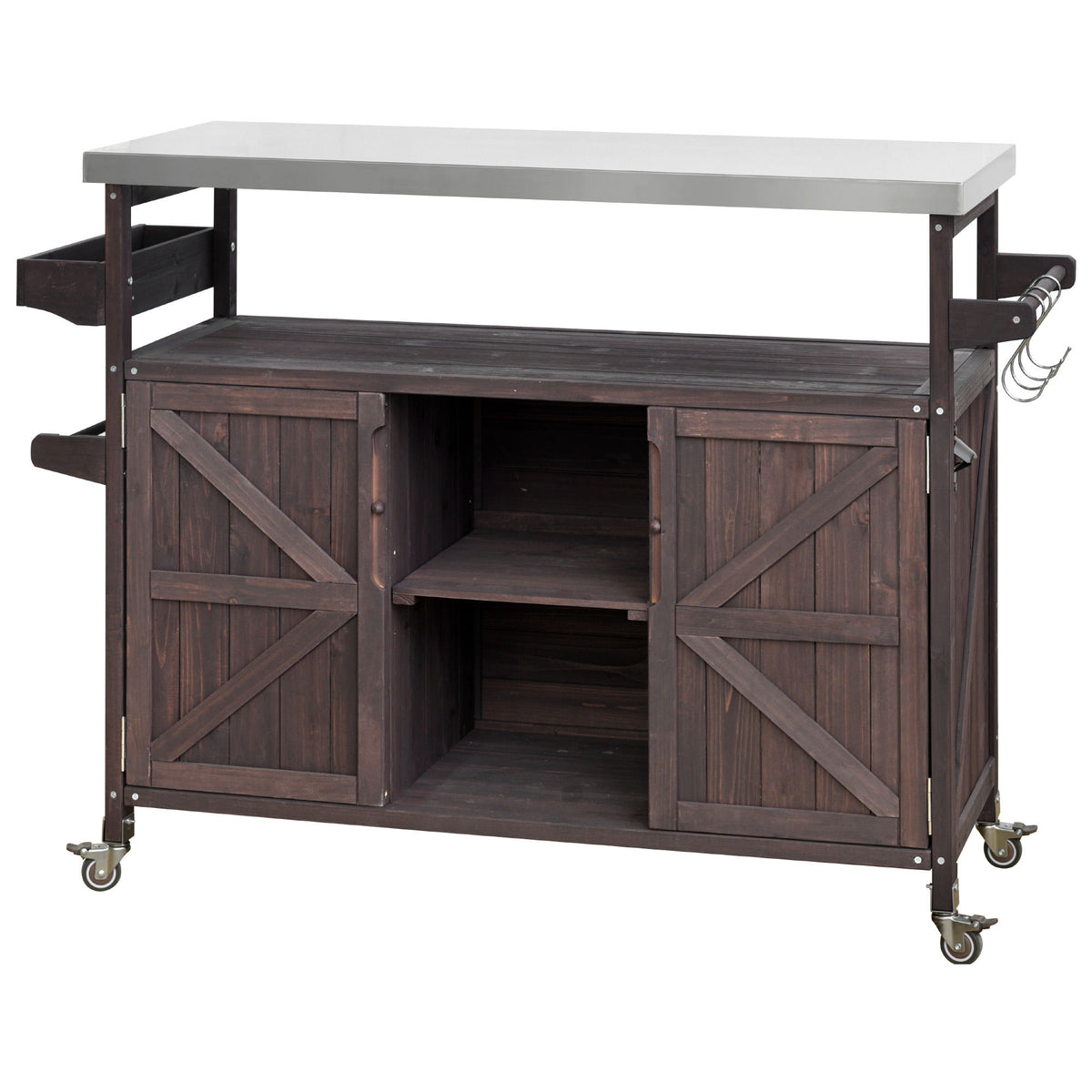 K&K Outdoor Kitchen Island, Rolling Bar Cart & Storage Cabinet, Farmhouse Solid Wood Outdoor Grill Table with Stainless Steel Top – Brown