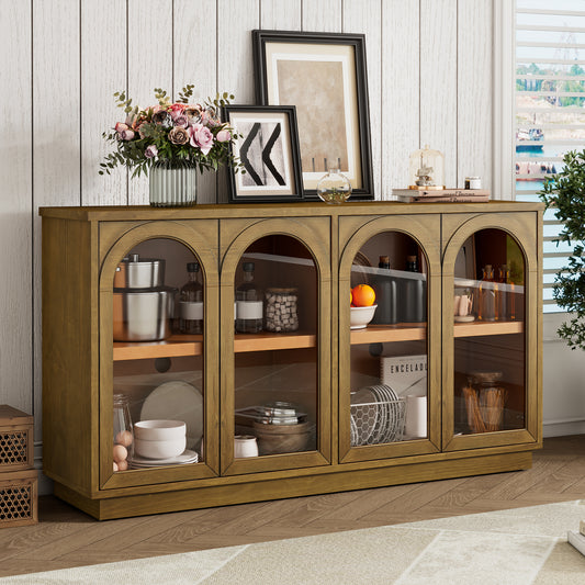 TREXM 4-Door Large Storage Buffet Cabinet with Glass Doors, Arched Cabinet with Adjustable Shelves, Dining Room and Living Room (Old Pine)