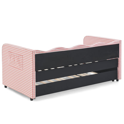 Twin‑Size Daybed, Gingham Upholstered 3‑in‑1 Versatile Convertible Sofa Bed with Pull‑Out Trundle & Side Storage Pockets, Ideal for Multiple Room Layouts and Small‑Space Living-Pink