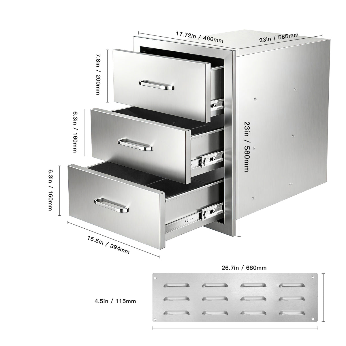 Outdoor Kitchen Drawers Stainless Steel, Flush Mount Triple Drawer,  18Wx23Hx23D with Stainless Steel Handle, BBQ Drawers for Outdoor Kitchens or BBQ Island