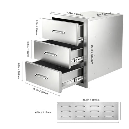Outdoor Kitchen Drawers Stainless Steel, Flush Mount Triple Drawer,  18Wx23Hx23D with Stainless Steel Handle, BBQ Drawers for Outdoor Kitchens or BBQ Island