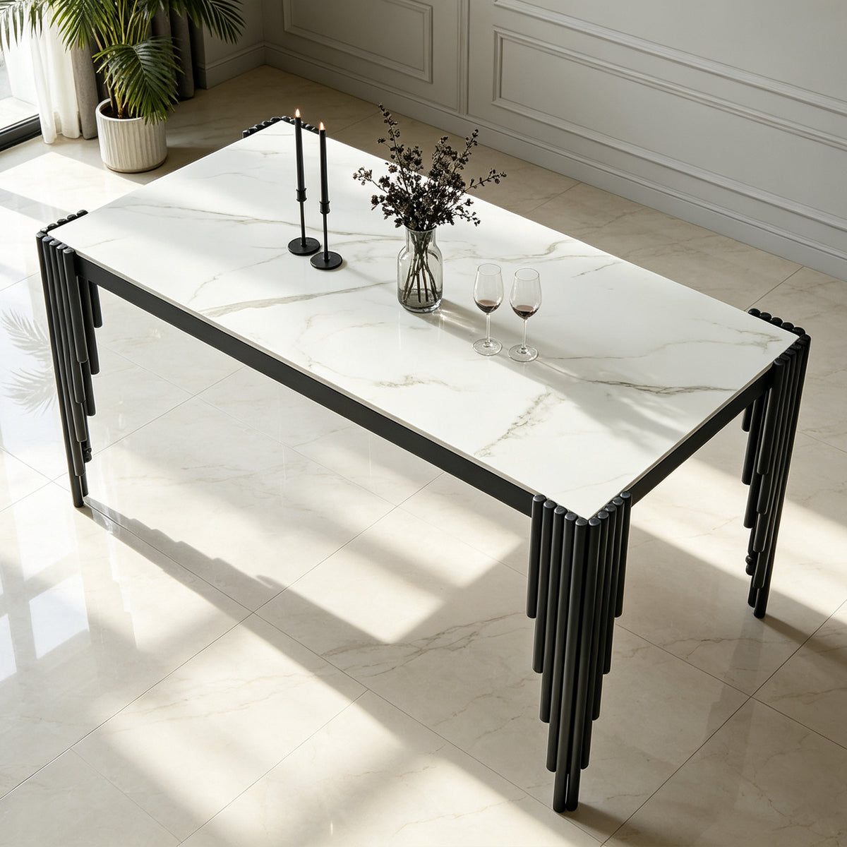 Modern 49" Rectangular Dining Table, White Marble-Look MDF Top with Black Metal Legs, Space-Saving Kitchen Desk for Small Apartments, Easy Assembly