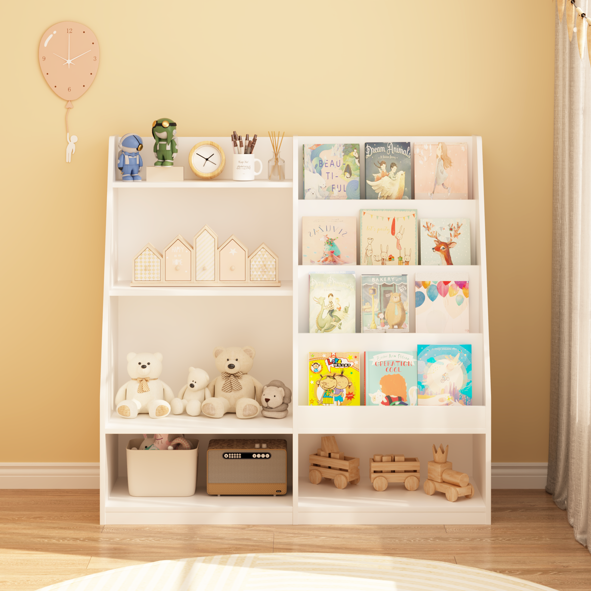 Kids Bookshelf and Toy Storage Organizer, Multifunctional 4 Tier Wooden Kids Book Shelf with Bookcase Display Stand in Kids Room Playroom Nursery for Kids, Children, Toddlers (White)