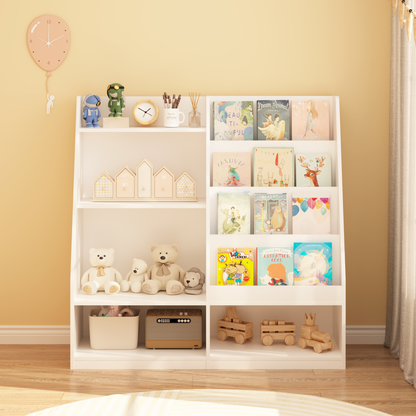 Kids Bookshelf and Toy Storage Organizer, Multifunctional 4 Tier Wooden Kids Book Shelf with Bookcase Display Stand in Kids Room Playroom Nursery for Kids, Children, Toddlers (White)