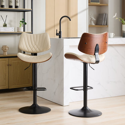 Walnut Bentwood Bar Stools Mid Century Modern Adjustable Counter Height Black Leather Upholstered 360°Swivel Bar Chairs for Kitchen – Beige