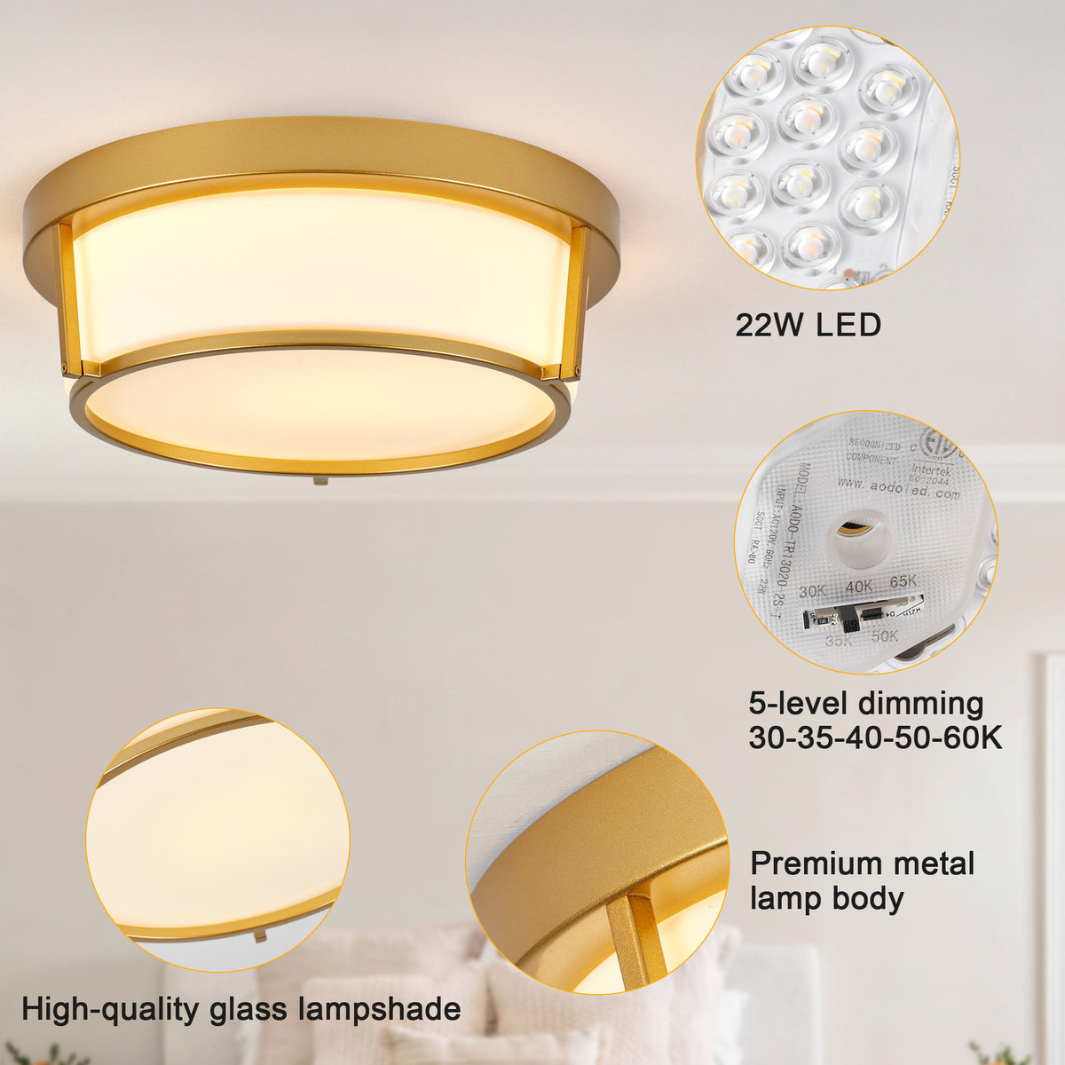 13.58" Flush Mount LED Ceiling Light, Brushed Gold Metal Frame with Glass Shade, No Remote Control