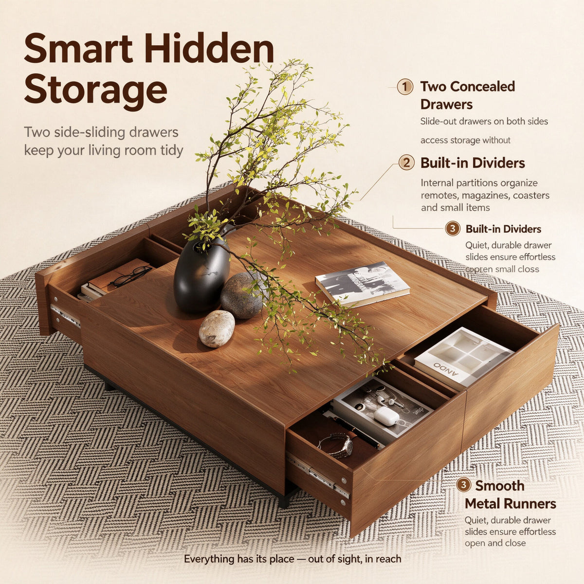 35.43" Square Walnut Finish Coffee Table with Hidden Drawer and Black Base, Modern Large Cocktail Center Table with Storage for Living Room, Apartment and Office