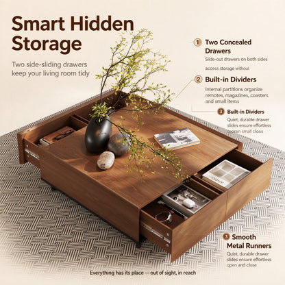 35.43" Square Walnut Finish Coffee Table with Hidden Drawer and Black Base, Modern Large Cocktail Center Table with Storage for Living Room, Apartment and Office