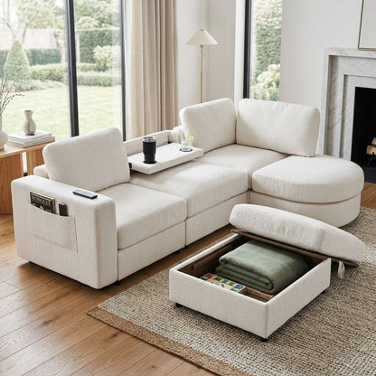 U-Style 102.4" U Shaped Sectional Sofa, Chenille Modular Couch with Curved Ottoman & Storage Ottoman, 3 Seater Sofa with Drop Down Console and 2 Cup Holders, Solid Pine Wood Frame for Living Room