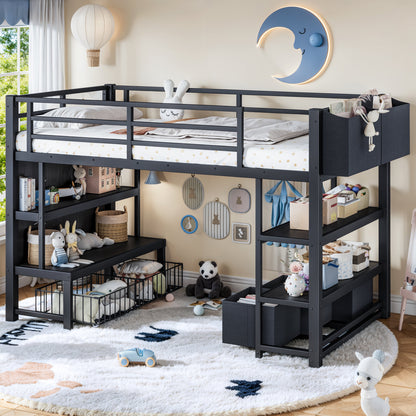 Twin Metal Low Loft Bed for Kids, Low Loft Bed with Storage Drawer, Low Loft Bed with Bookshelf & Storage Bag, Sturdy Low Loft bed Frame with Open Storage Space for Bedroom, Black