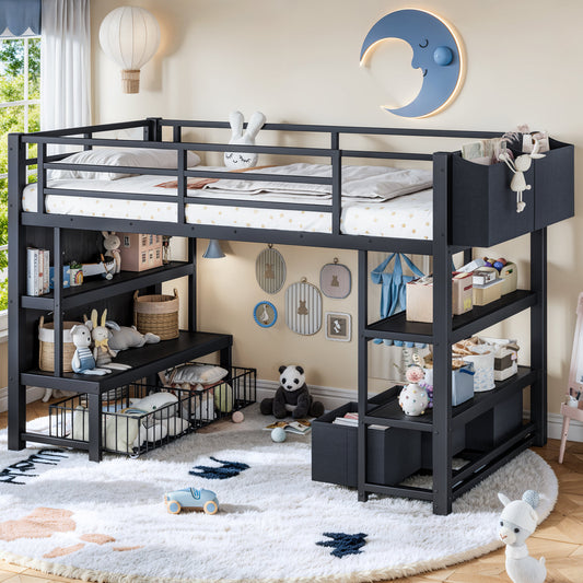 Twin Metal Low Loft Bed for Kids, Low Loft Bed with Storage Drawer, Low Loft Bed with Bookshelf & Storage Bag, Sturdy Low Loft bed Frame with Open Storage Space for Bedroom, Black