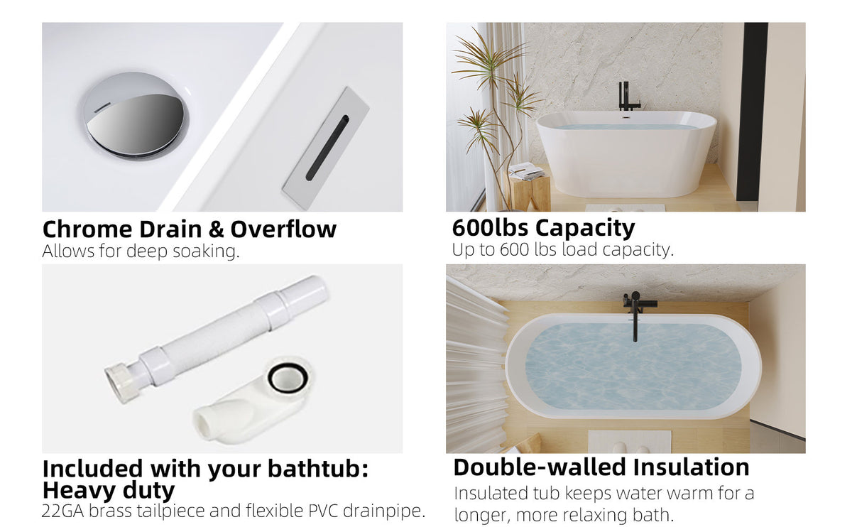 59" Acrylic Freestanding Bathtub, Stand Alone Soaking Tub, Glossy White Acrylic, Toe-tap Chrome Drain, cUPC Certified