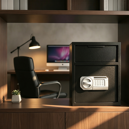 Commercial Safe with Drop Slot for Cash Deposits, Multi-Scene Safe for Office, Household & Commercial Use, Equipped with Password Lock, Emergency Override Keys and Intelligent Anti-Theft Alarm System,