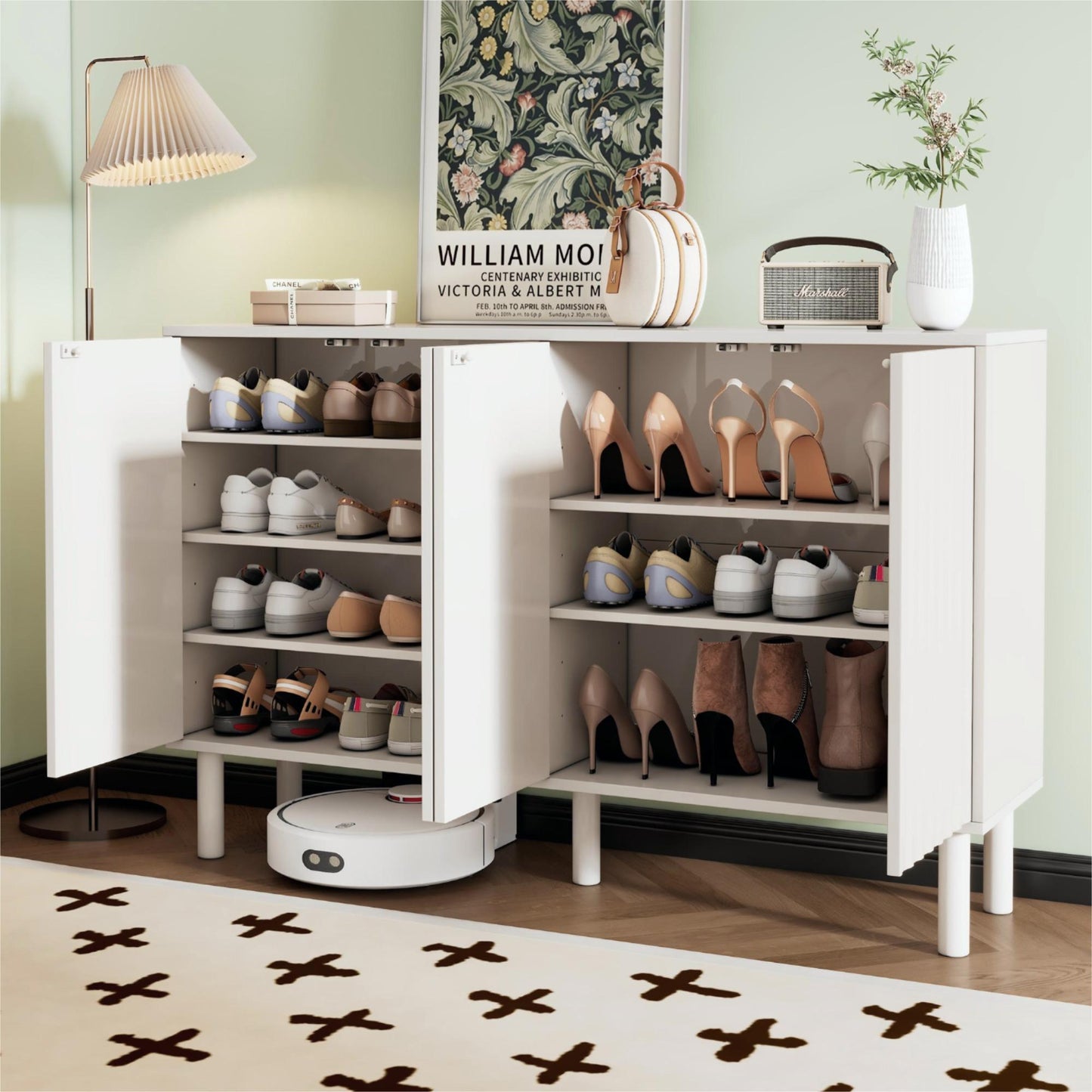 ON-TREND Minimalist Shoe Cabinet with 5 Solid Wood Legs, Cream Style Sideboard Buffet Cabinet with Fluted Doors, Large 4-Door Storage Cabinet with Adjustable Shelves for Living Room, White, 55.1*13.7'