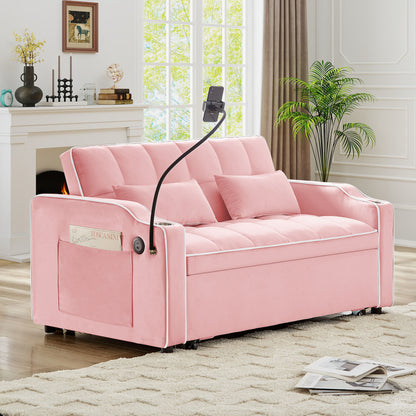 Versatile Foldable Double Seat Recliner,Comfortable Velvet Pull-Out Sleeper Sofa Bed with Side Pockets,USB Port,Swivel Phone Stand, Ashtray and Adjustable Backrest