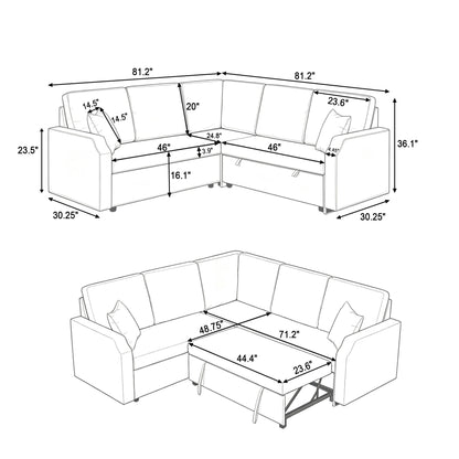 81.2'' Modular Sectional Sofa with Pull Out Bed, 5-Seater L Shaped Sectional Sleeper Couch with Hidden Storage, Chenille Convertible Couches for Living Room, Apartment (Black)