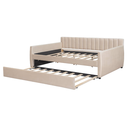 Full Size Upholstered daybed with Trundle and Wood Slat Support, Beige(Old SKU:LP000121AAA)