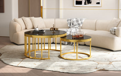 Round Nesting Coffee Table Set of 2, Modern Gold Metal Frame Circular Cocktail Table, Tempered Glass Top Accent Nesting Tables for Living Room, Apartment