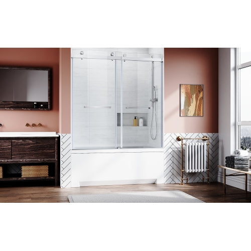Brushed Nickel 56-60 in.W x 62 in.H 1/4"(6mm) Frameless Sliding Bathtub Door Bypass Tub Glass Sliding Shower Doors Clear Tempered Glass,Heavy Duty Stainless Steel Hardwares 2pcs Rectangle Handles,