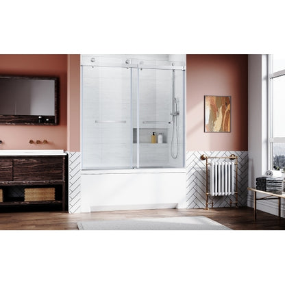 Brushed Nickel 56-60 in.W x 62 in.H 1/4"(6mm) Frameless Sliding Bathtub Door Bypass Tub Glass Sliding Shower Doors Clear Tempered Glass,Heavy Duty Stainless Steel Hardwares 2pcs Rectangle Handles,