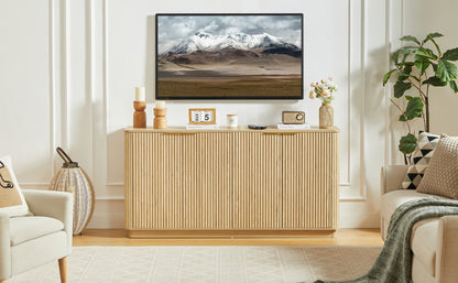 63" Vertical Stripe Buffet Cabinet Sideboard with stoarge, Curved wave Design, TV Stand, Oak, 63''W x 15.75''D x 31.5''H.