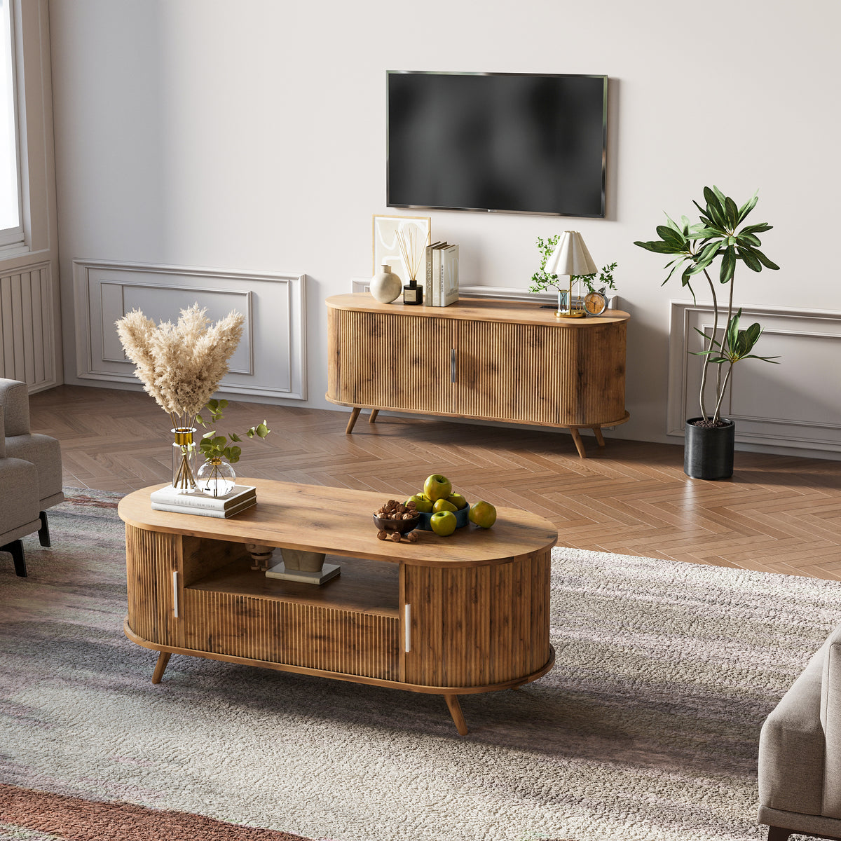 DFW 45.27 Inch Oval Coffee Table with Storage, AlsoCan be used as TV standMid Century Modern Coffee Table with Drawer, Center Table with Sliding Door and Wood Fluted Handle for Living Room, Nature Oak