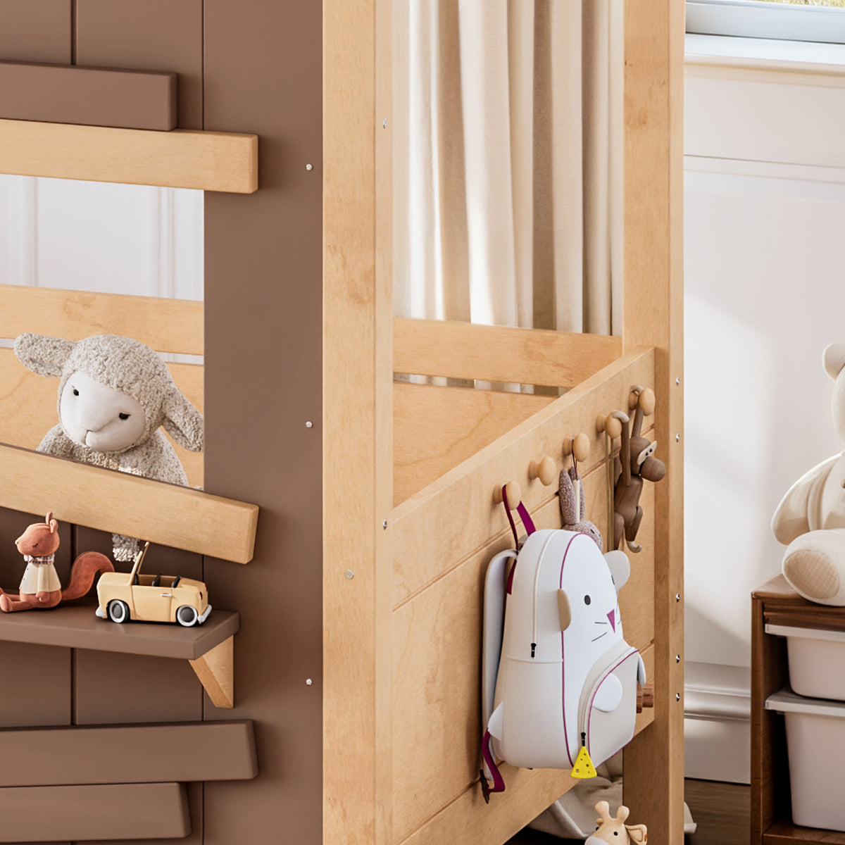 Twin Size Farmhouse Spliced House Bed with Window Shelf & Side Hooks, Playhouse Bed Frame with Underbed Storage Drawers and LED,Light Natural