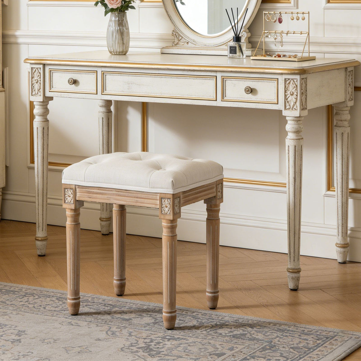 Tufted Vanity Stool with Linen Upholstery & Carved Solid Wood Legs, Dressing Bench for Bedroom, Beige