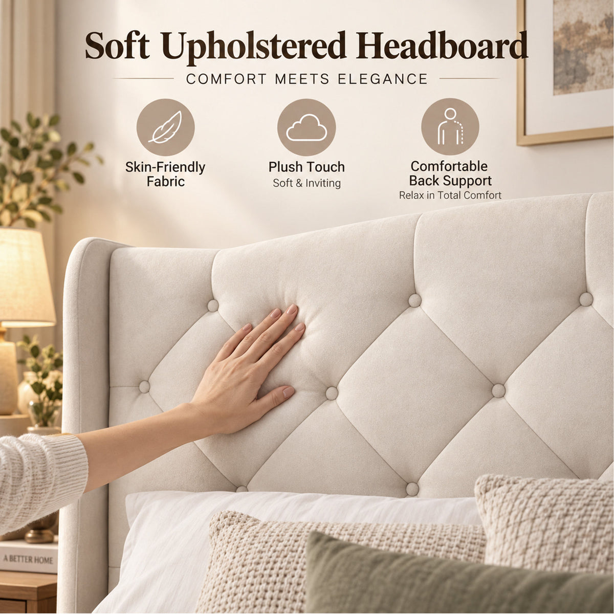 King Size Upholstered Platform Bed Frame with Velvet Tufted Headboard, Heavy Duty Metal Slats Support, No Box Spring Needed, Modern Wingback Design, Cream Beige