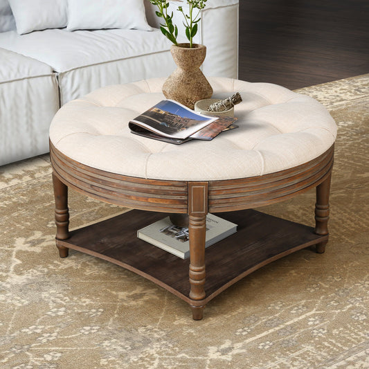 Large Round WaterProof Ottoman Coffee Table 2 Tier Oversized Button Tufted Ottoman with Wooden Shelf Storage Farmhouse Upholstered Coffee Table Living Room Footstool Ottoman Linen(Beige)