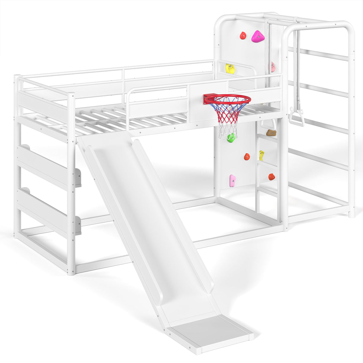 Twin size metal loft/bunk bed with basketball hoop, pull-up rings, climbing wall, and built-in bookshelves. Playful children's design featuring a slide,White.