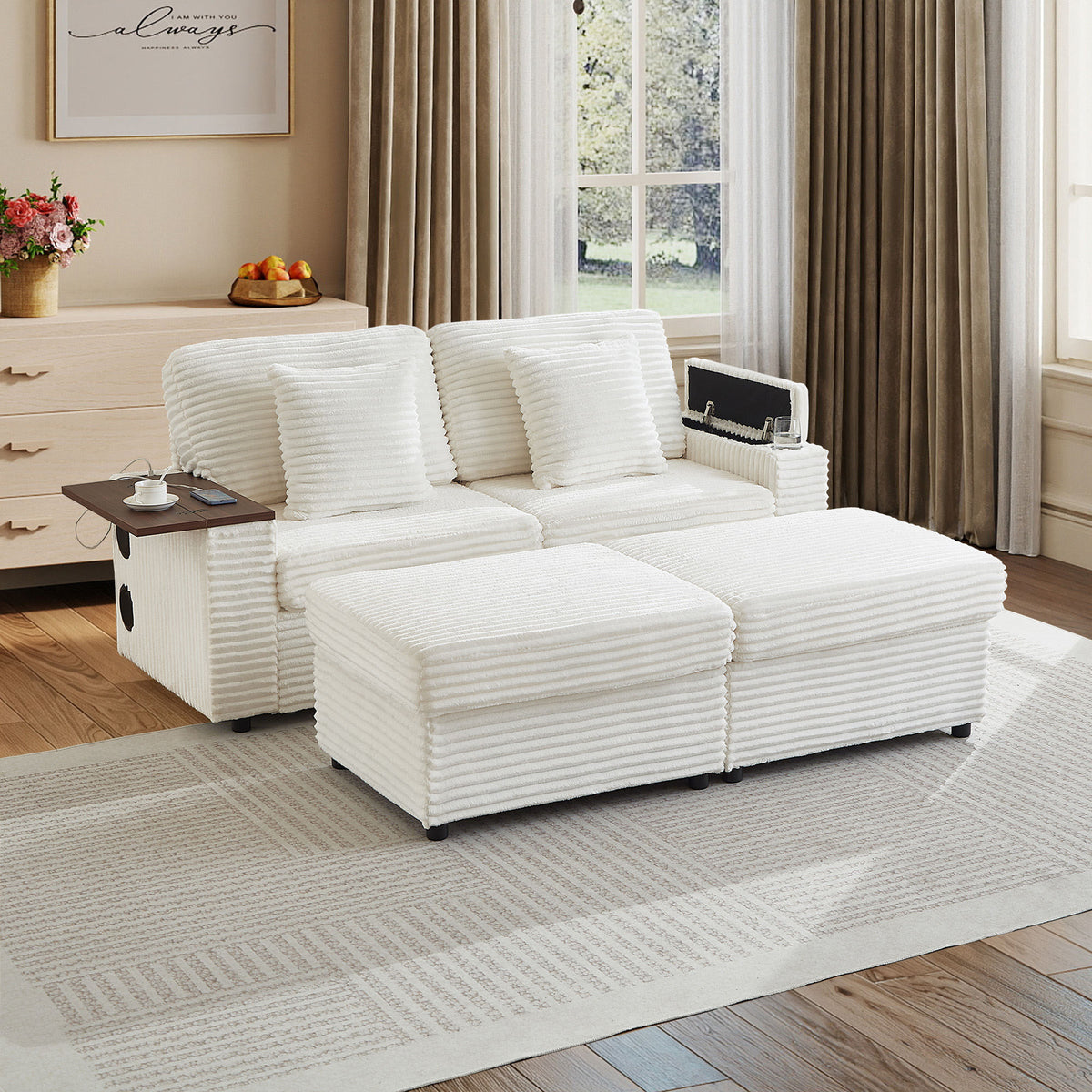 Double Chaise Lounge with Two Storage Ottomans,Corduroy Sofa with Cup Holders, USB Port,Storage Space and Bluetooth Speaker for Living room and Bedroom