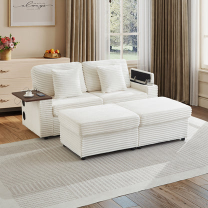 Double Chaise Lounge with Two Storage Ottomans,Corduroy Sofa with Cup Holders, USB Port,Storage Space and Bluetooth Speaker for Living room and Bedroom