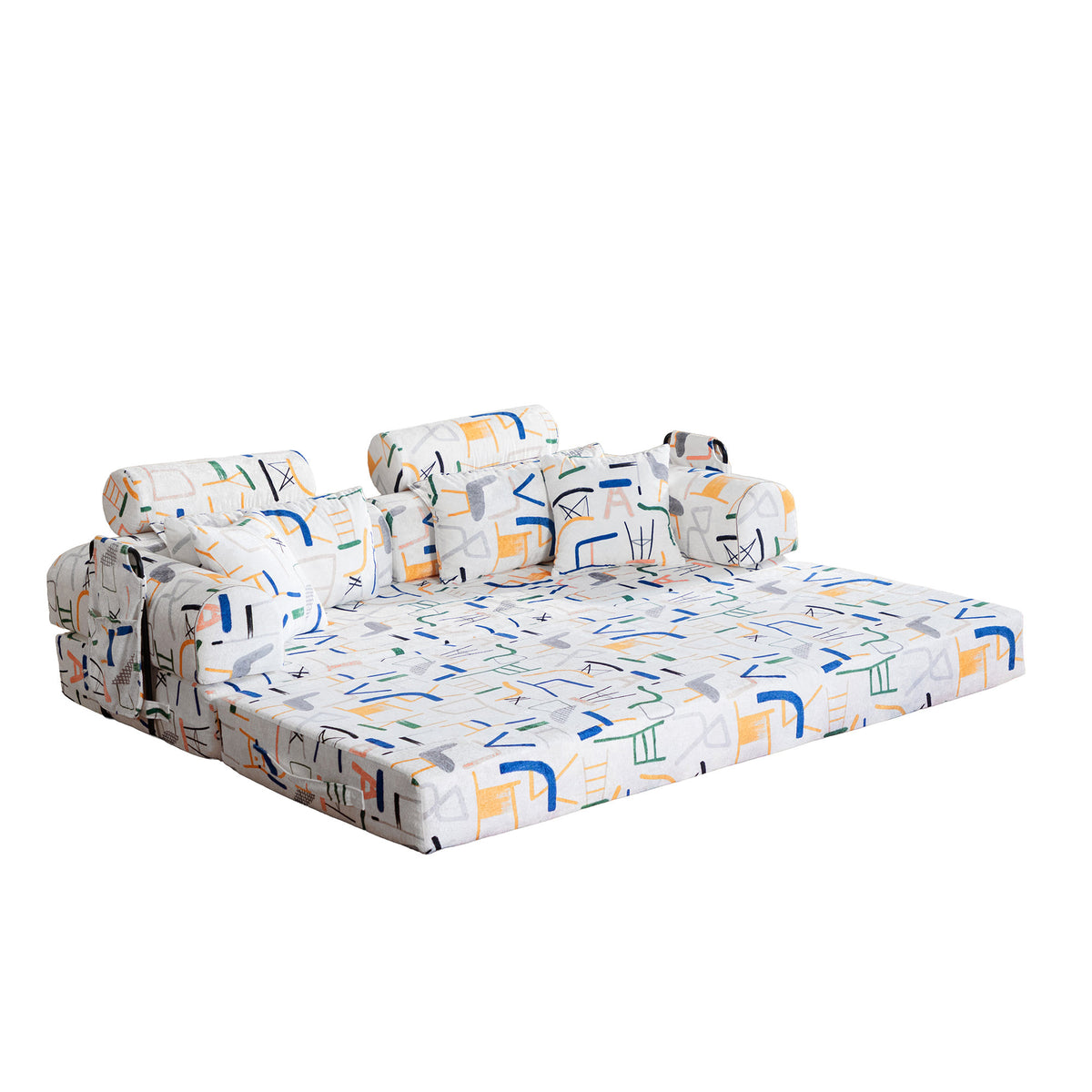 Abstract Line Printed Convertible Sleeper Sofa Bed High Density Compressed Sponge Foldable Multi-functional Upholstered Couch for Living Room Hotel Apartment