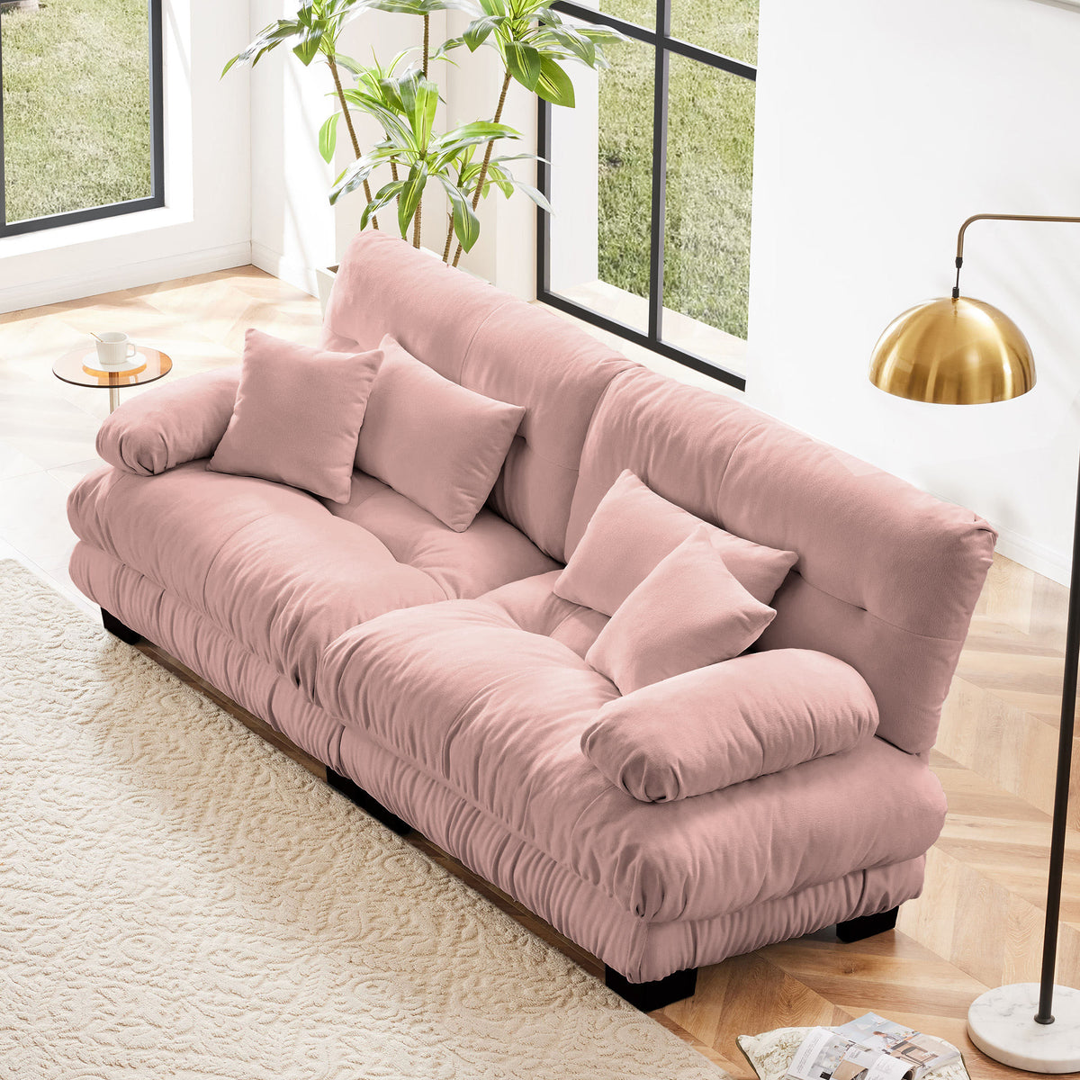 Cloud Couch 2 Seater Sofa, Chenille 2 - Seat sofa with 2 Lumbar pillows and 2 throw pillows, Chenille Pink