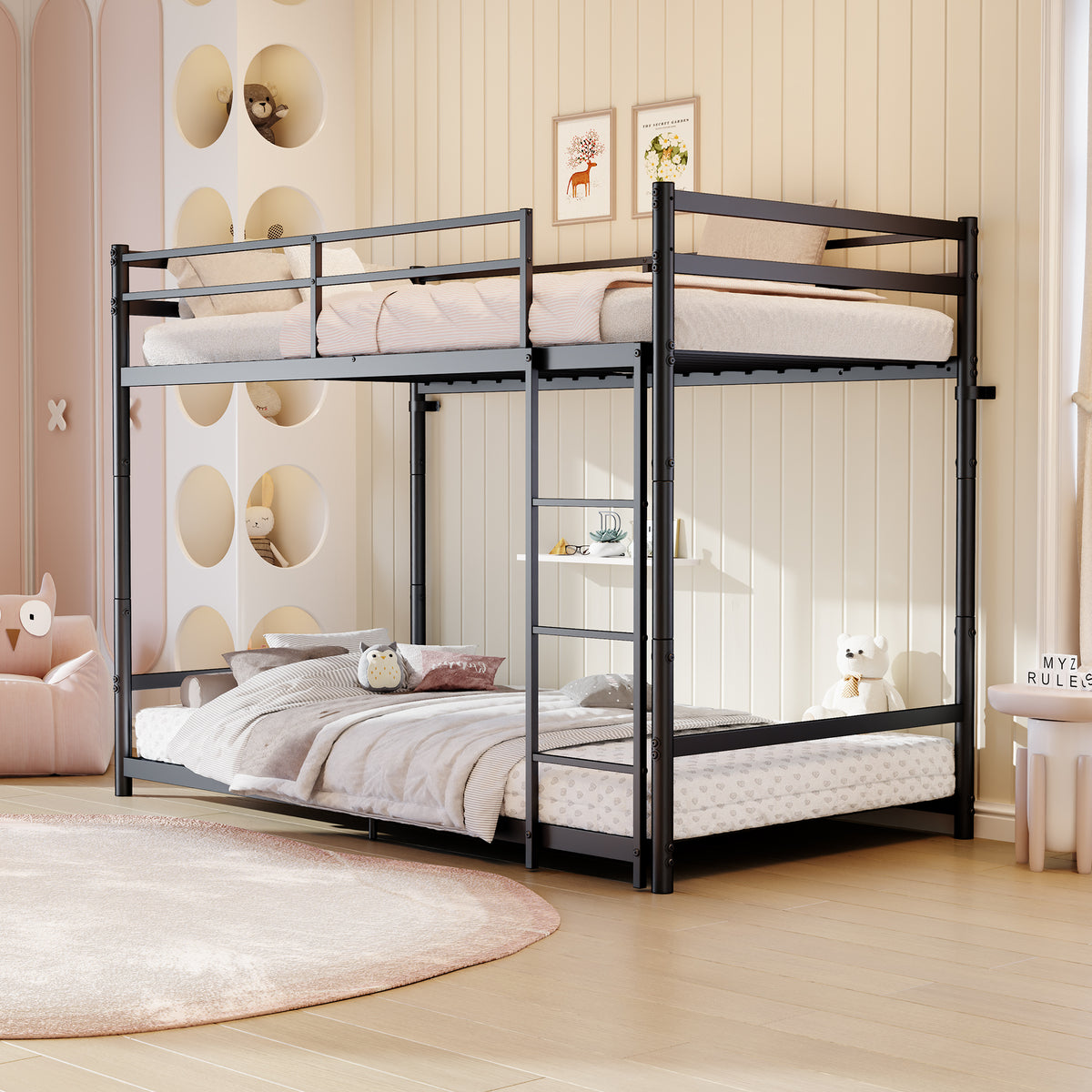 Heavy Duty Metal Twin Over Twin Bunk Bed, Convertible to 2 Separated Twin Beds, Noise-Free Steel Frame with Rubber Anti-Slip Ladder & 11.3" Guardrails, 400/485 LBS Weight Capacity, Black