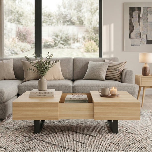 Sliding Top Coffee Table with Hidden Storage, Expandable Wood Tabletop Design, Modern Mid-Century Coffee Table with Storage Compartment for Living Room