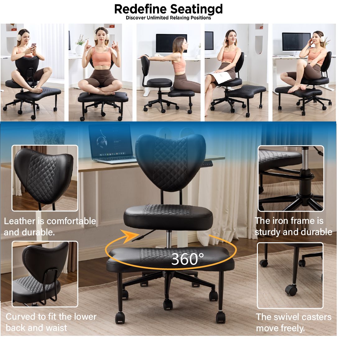 Meditation chair, an ergonomic cross-legged seating chair with lumbar support and a height-adjustable seat cushion, ideal for people engaged in high-intensity office work. Black