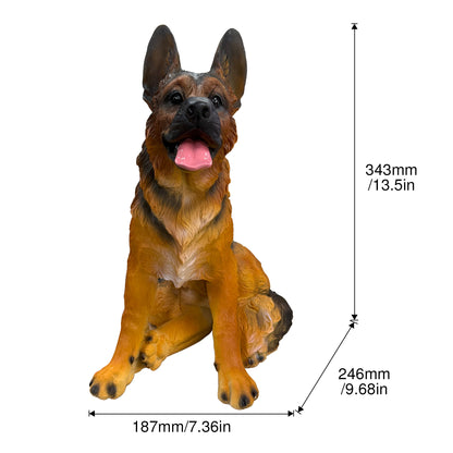 Realistic German Shepherd resin statue, weather-resistant dog ornament, an outdoor garden sculpture suitable for decorating backyards, lawns, and patios.
