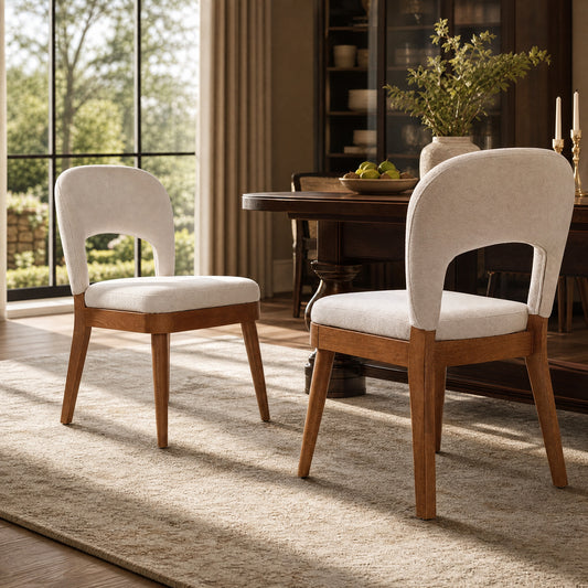 Mid Century Modern Dining Chairs Set of 2, Rubber Wood Frame with Walnut Finish, Beige Fabric Upholstered Hollow Back Side Chairs for Dining Room Kitchen