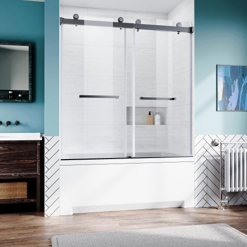 Matte Black 56-60 in.W x 62 in.H 1/4"(6mm) Frameless Sliding Bathtub Door Bypass Tub Glass Sliding Shower Doors Clear Tempered Glass,Heavy Duty Stainless Steel Hardwares 2pcs Rectangle Handles,